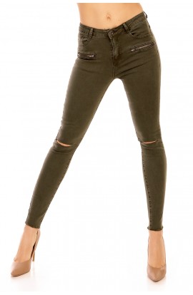 Jeans Slim Fit cu Femoare Decorative si Taieturi